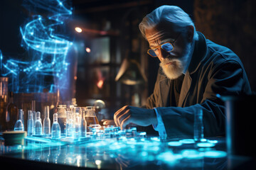 Poster - a scientist conducting experiments in a laboratory, illustrating the pursuit of knowledge and breakt