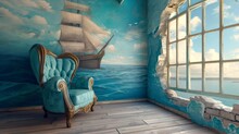 AI Generated Illustration Of A Large Boat Painted On A Wall In The Room With Wooden Floors