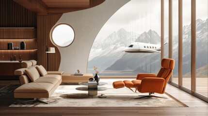 Wall Mural - ai generated illustration of a living room with an airplane flying through the window