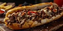 Philly Cheesesteak Sandwich With Grilled Beef, Peppers, Onions, And Cheeze On A Bread Bun