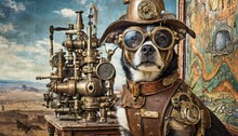 AI Generated Illustration Of A Steampunk-inspired Canine Sits Gracefully In Stylish Attire