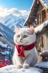 Sticker - AI generated illustration of a white cat with scarf sitting in snowy village