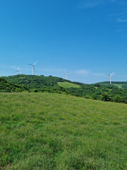 Canvas Print - This is a landscape of a meadow with a wind turbine.