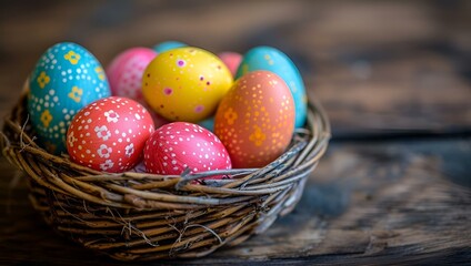 a basket full of painted eggs sitting on top of a wooden surface