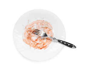 Sticker - Dirty plate and fork on white background, top view