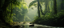 A Dense Rainforest With Towering Trees And Exotic Wildlife, AI Generative.