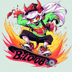 character, cartoon, illustration, vector, playing skateboard, cool, focus, t-shirt design, tee design, white background