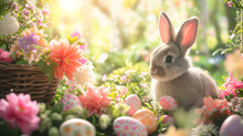 Sunlit Garden With A Fluffy Easter Bunny Surrounded By Vibrantly Colored Eggs