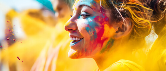 Wall Mural - Joyful celebration a woman's face is covered in colorful paint during Holi festival