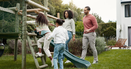 Poster - Family, running and children outdoor in backyard for playing, happiness and bonding at home. Young latino woman, man and happy kids at a playground while on holiday or vacation for a fun activity