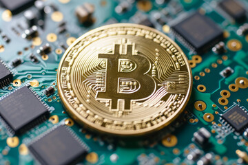 Canvas Print - Bitcoin cryptocurrency coin on a computer circuit board