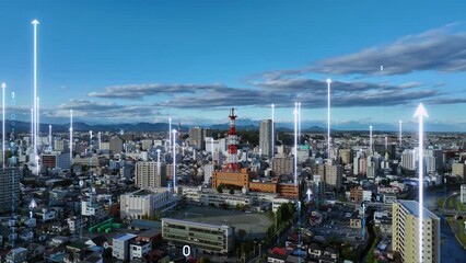 Poster - Modern city drone point of view and communication network concept. Smart city. Internet of Things. IoT. 