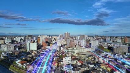 Aufkleber - Modern city drone point of view and belts of light stretching into the future. Next generation technology development.
