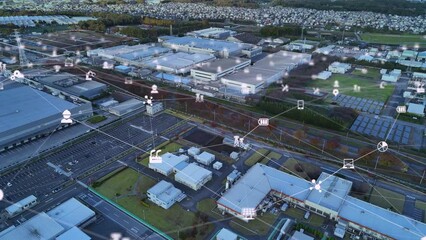 Poster - Modern industrial area drone point of view and communication network concept. Industrial Internet of Things. IIoT. Factory automation. Smart Factory. 