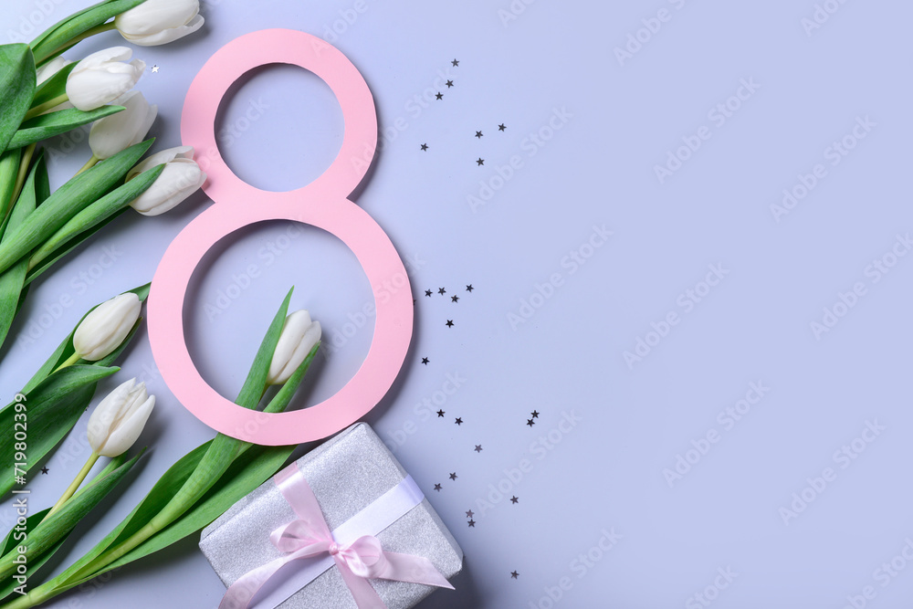 Figure 8 with gift box and beautiful tulips on lilac background. International Women's Day