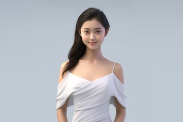 Wall Mural - A virtual portrait comes to life with a 3D rendering of a young woman in a white dress, her smiling expression bringing a touch of warmth to the pristine gray white backdrop. Generative AI.