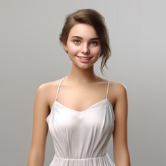 Wall Mural - 3D-rendered masterpiece, a young woman dons a white dress, her beaming smile adding a delightful touch to the composition against a pure grey canvas. Generative AI.