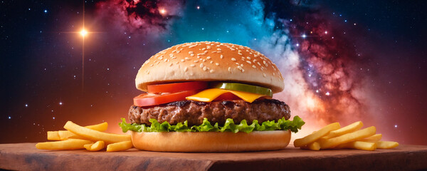 Wall Mural - Big tasty hamburger on the background of cosmic space with stars