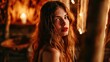 © Justlight - A woman with long, wavy hair and a bold red lip, surrounded by rustic wooden elements and soft candlelight, exuding a warm, earthy beauty.