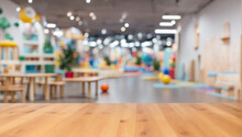 Empty Wooden Table For Product Display With Indoor Playground Background