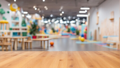 empty wooden table for product display with indoor playground background