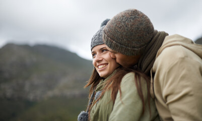 Poster - Couple, kiss and love on hike in nature together, bonding and romance in outdoors on mountain. Winter, people and security and connection in relationship or marriage, holiday and trekking adventure