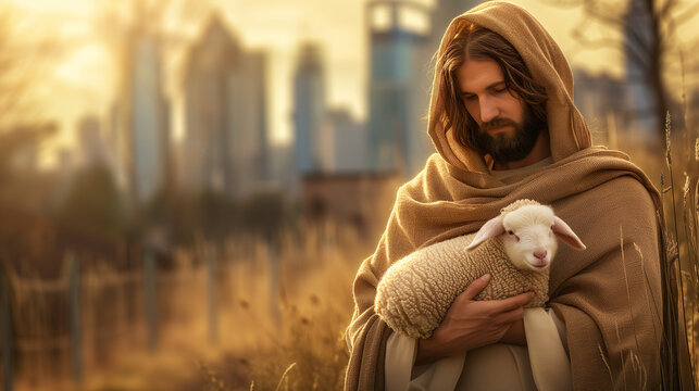 Jesus Christ holds a little lamb in his hands. A caring shepherd saves one lamb.