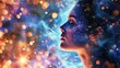 A serene portrait of a woman with her head tilted to the side and eyes closed, surrounded by a glowing vortex of particles in a radiant whirlwind.