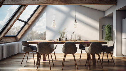 Wall Mural - A Minimalist interior design of a modern Dining table and chairs in a clear loft with wooden beams in the dining room, a room with morning sunlight streaming through the window.