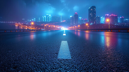 Wall Mural - Asphalt with a reflection of city lights brilliance and light reflecting city lights create the effect of a night cit