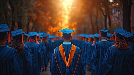 Wall Mural - backside view of graduates in caps and gowns during a commencement ceremony at a university, caps being thrown in the air in celebration