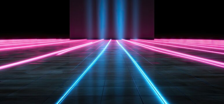 neon lights and strips on a dark room on a black floor