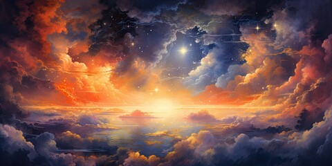 Wall Mural - view of the sky with red and blue clouds with glowing stars during sunset