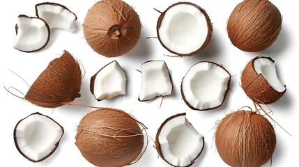Poster - Set of fresh whole and half coconut and slices isolated on white background, top view : Generative AI