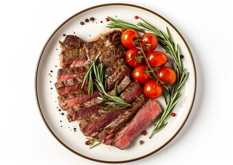 Poster - Grilled sliced Beef Steak with tomatoes and rosemary on a plate Isolated on white background top view : Generative AI