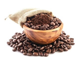 Poster - Roasted coffee beans in sack bag with coffe powder (ground coffee) in wooden bowl isolated on white background. : Generative AI