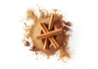 Poster - Cinnamon sticks and heap of powder isolated on white background, top view : Generative AI