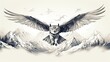Swooping Great Horned Owl. Hand-drawn illustration. Line art.