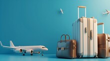 Luggage Or Baggage And Planes Placed On Passport For Making Advertising Media About Tourism And All Object On Blue Background, Vector 3d On Blue Background For Travel And Transport Con : Generative AI