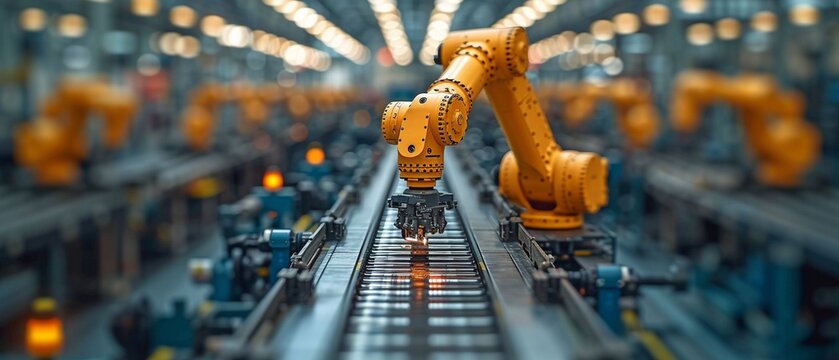 Automated production process industry robot arm in a factory, supervised by an engineer