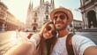 Happy couple taking selfie in front of Duomo cathedral in Milan, Lombardia - Two tourists having fun on romantic summer vacation in Italy - Holidays and traveling lifestyle concept : Generative AI