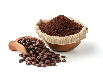 Poster - Roasted coffee beans in sack bag with coffe powder (ground coffee) in wooden bowl isolated on white background. : Generative AI