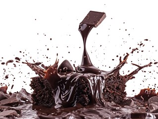 Poster - chocolate flowing on brownie isolated on white background : Generative AI
