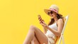 Young fun woman wear summer clothes sit in deckchair use mobile cell phone isolated on plain yellow background. Tourist travel abroad in free spare time rest getaway. Air flight trip j : Generative AI