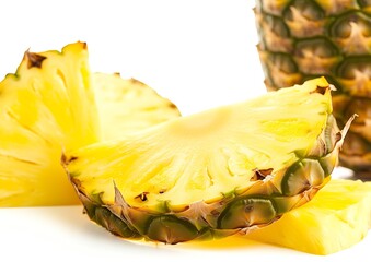Poster - Fresh ripe pineapple fruit, pineapple fruit slices isolated. Juicy fruit design elements composition with focus stacking, white background. Tasty raw whole tropical fruit, healthy nutr : Generative AI