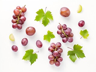 Aufkleber - Red grapes with green leaves and half sliced isolated on white background. Top view. Flat lay. Grape pattern texture background. : Generative AI
