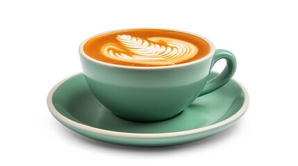 Aufkleber - Side view of hot latte coffee with latte art in a ceramic green cup and saucer isolated on white background with clipping path inside. Image Stacking Techniques. : Generative AI