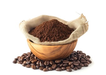 Poster - Roasted coffee beans in sack bag with coffe powder (ground coffee) in wooden bowl isolated on white background. : Generative AI