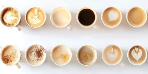 Poster - Set of paper take away cups of different coffee latte or cappuccino isolated on white background, top view : Generative AI