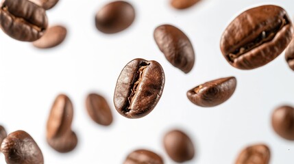 Poster - Coffee beans in the air close -up isolated on a white background : Generative AI